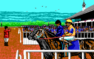 Omni-Play Horse Racing (DOS) screenshot: Ready to run a race? (EGA)