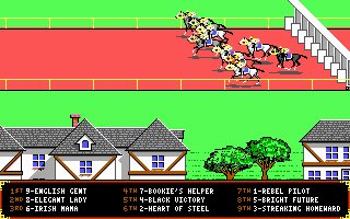 Omni-Play Horse Racing (DOS) screenshot: And they're off...! (EGA)