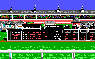 Omni-Play Horse Racing (DOS) screenshot: Here's the race results (EGA)