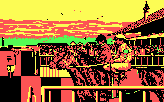 Omni-Play Horse Racing (DOS) screenshot: Ready to begin a race? (CGA)