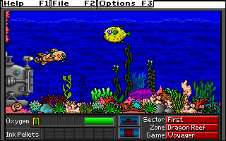 Operation Neptune (DOS) screenshot: Out of your sub-dispenser, and up against an angry -- but predictable -- pufferfish