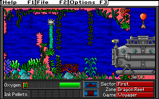 Operation Neptune (DOS) screenshot: End-of-level -- re-enter the delivery vehicle, return the capsule piece to the surface vessel. Lather, rinse, repeat.