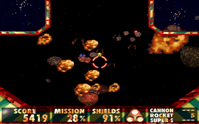 Outer Ridge (DOS) screenshot: Firing on a group of asteroids from safe distance.