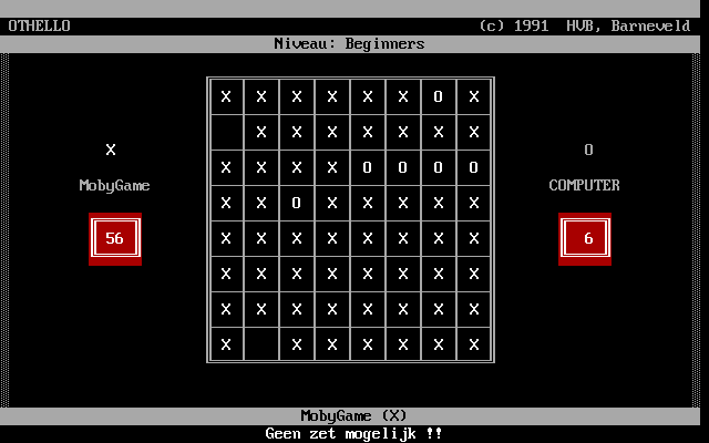 Othello (DOS) screenshot: It's player 1's turn, but she can't place a disc.