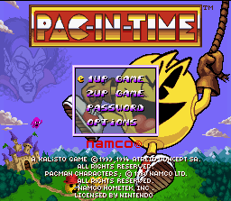 Pac-in-Time (SNES) screenshot: Title screen / Main menu.