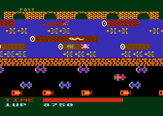 Frogger (Atari 8-bit) screenshot: Try to rescue the female frog (Parker cartridge version)