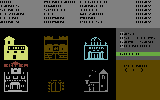 Phantasie (Commodore 64) screenshot: The first town - visit the guild, the armory, the bank, the inn or the mystic