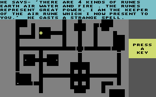 Phantasie (Commodore 64) screenshot: In a dungeon - the yellow dot is your party, the grey dots are objects/characters you can interact with