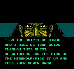Werewolf: The Last Warrior (NES) screenshot: The spirit guide instructs my powerup usage