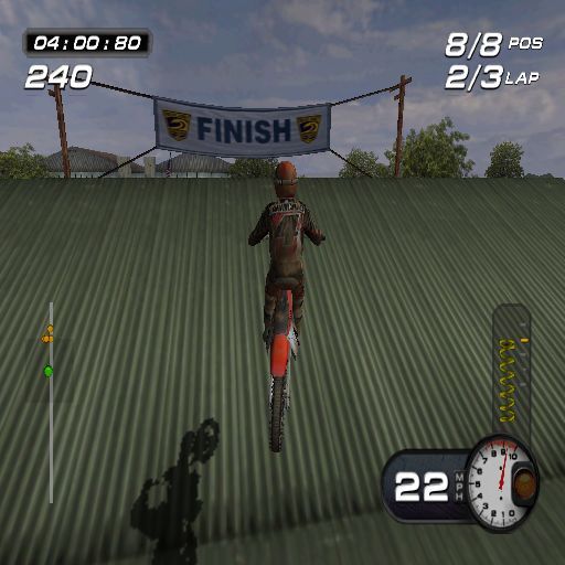 MX Superfly Featuring Ricky Carmichael (PlayStation 2) screenshot: Freestyle: The Boot Camp circuit takes the player over a tin roof
