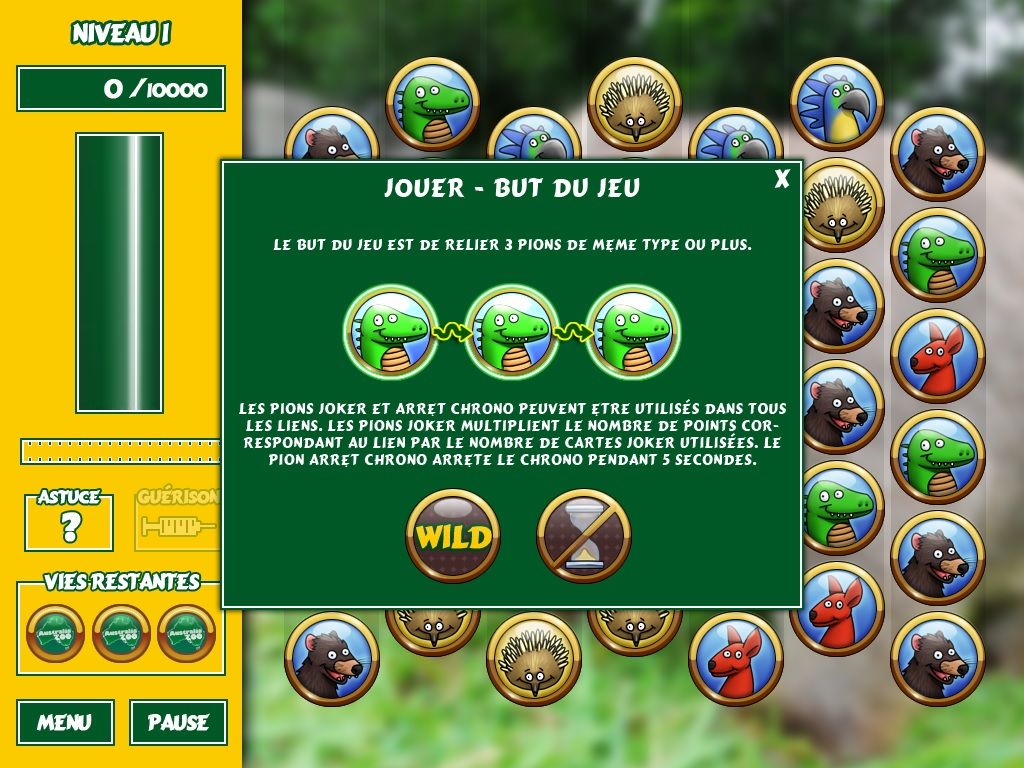 Zoo Quest: Puzzle Fun (Windows) screenshot: It rings bells. Three (at least) animals to line up, and bonus icons. The first, to get more point. The other, to stop time.