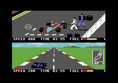 Pitstop II (Commodore 64) screenshot: The pit