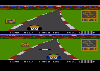 Pitstop II (Atari 8-bit) screenshot: Negotiating the first turn