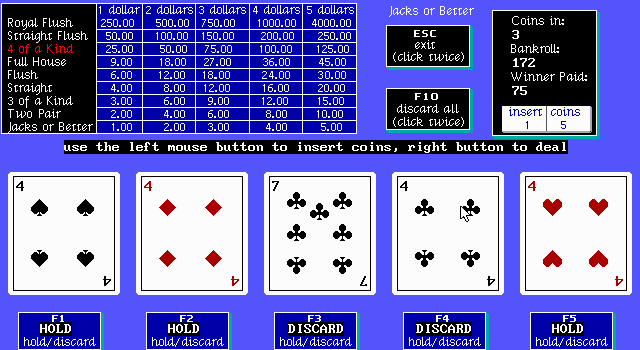 Poker Galore (DOS) screenshot: Woohoo, I got four of a kind! I bet $3, so I get $75 back!