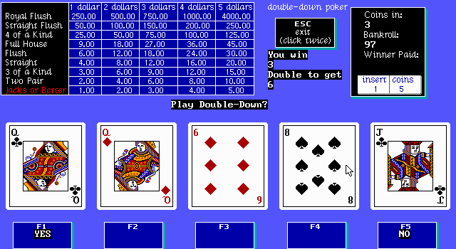 Poker Galore (DOS) screenshot: You can double your winnings in Double-Down.