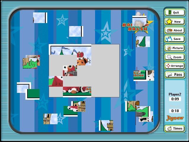Basil Brush: Fun Pack (Windows) screenshot: Playing a two player jigsaw game using square tiles rather than jigsaw shaped pieces