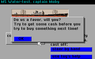 Ports of Call (DOS) screenshot: The gruff tone of the docks is not conducive to encouraging new players.