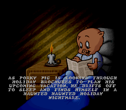 Porky Pig's Haunted Holiday (SNES) screenshot: Intro: Porky Pig was reading a brochure in bed when he fell asleep and ended up in a nightmare