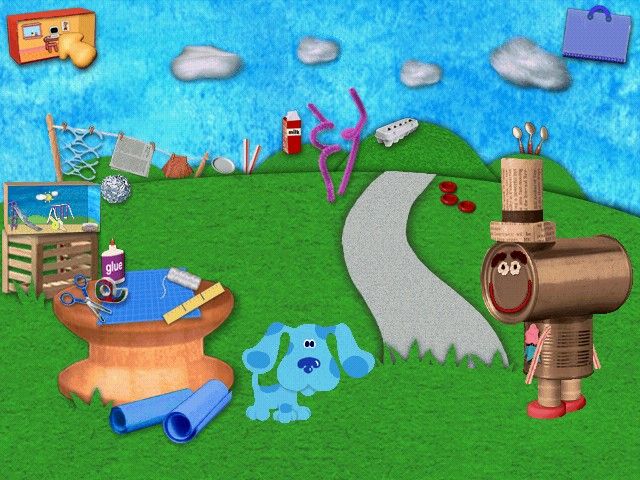 Blue's Clues: Blue's Art Time Activities (Windows) screenshot: Al Luminum has a list of recycleable items for Blue to collect for a project