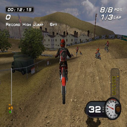 MX Superfly Featuring Ricky Carmichael (PlayStation 2) screenshot: Freestyle: Racing around the circuit the game tells the player when they set a new personal record such as this 6 foot jump