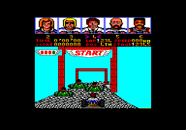 Power Drift (Amstrad CPC) screenshot: Sequence E features more high-rise driving than most