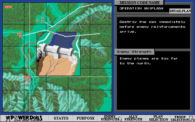Power Dolls (DOS) screenshot: Mission briefing. Three explosives must be set on the dam. Each takes three turns to arm.