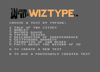 Wizard of Id's WizType (Atari 8-bit) screenshot: I chose paragraph. Now I need to choose where the paragraph will come from.