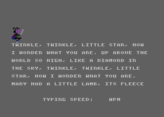 Wizard of Id's WizType (Atari 8-bit) screenshot: Typing "Twinkle, Twinkle, Little Star". The jester will keep pace.