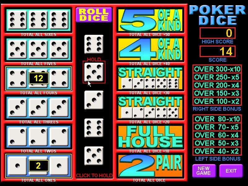 Poker Dice (Windows) screenshot: A game in progress<br>The first roll of the dice has taken place. and the player is going to hold the fives and the sixes for a good two pair score and the possibility of a full house