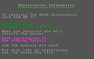 The Dark Convergence (DOS) screenshot: Info screen