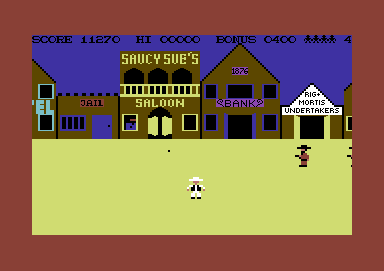 Highnoon (Commodore 64) screenshot: A gunman shoots the sheriff through one of the saloon's windows.