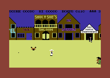 Highnoon (Commodore 64) screenshot: Stop the outlaws robbing the bank... Now!