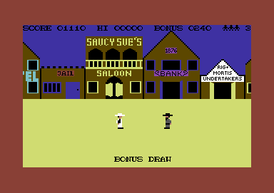 Highnoon (Commodore 64) screenshot: A draw between the sheriff and the outlaw