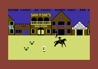 Highnoon (Commodore 64) screenshot: There is an outlaw riding his horse