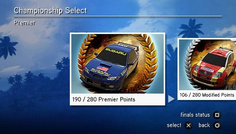 SEGA Rally Revo (PSP) screenshot: Selecting a Championship.