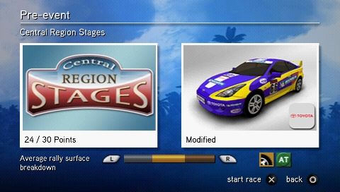 SEGA Rally Revo (PSP) screenshot: Final overview of settings before race start