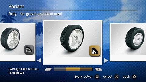SEGA Rally Revo (PSP) screenshot: Choosing a set of tires.