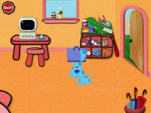 Blue's Clues: Blue's Art Time Activities (Windows) screenshot: Blue getting ready to go outside - many items in the background animate when clicked