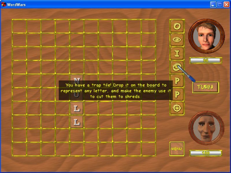 WordWars (Windows) screenshot: The start of a game<br>The game has an optional tooltip feature that pops up when something new is encountered<br>The avatars are assigned by the game
