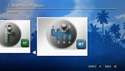 SEGA Rally Revo (PSP) screenshot: Choosing the transmission type.
