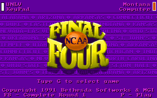 NCAA: Road to the Final Four (DOS) screenshot: Title Screen and Main Menu
