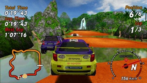 SEGA Rally Revo (PSP) screenshot: Rally: jumping over a water obstacle.