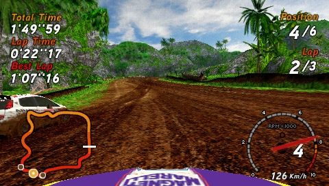 SEGA Rally Revo (PSP) screenshot: Rally: view across the hood