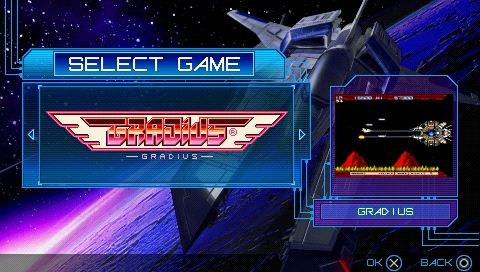 Gradius Collection (PSP) screenshot: Select game screen