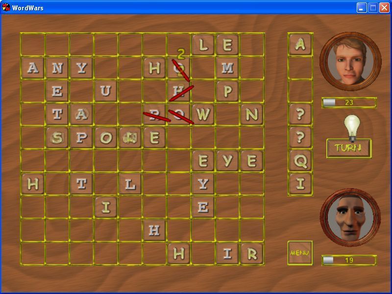WordWars (Windows) screenshot: Here a trap has been triggered and the opponents tiles have been slashed