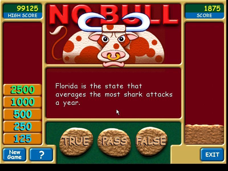 No Bull (Windows) screenshot: A game in progress<br>The stack of 'score bricks' on the left shows that if this question is answered correctly the player will score 2500 points