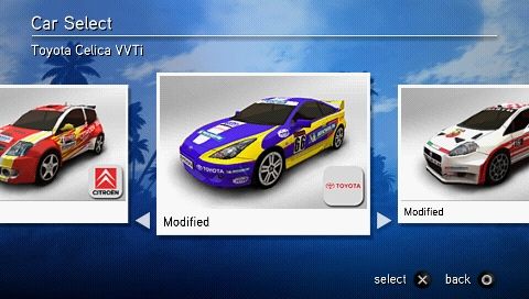 SEGA Rally Revo (PSP) screenshot: Choosing a car to race.