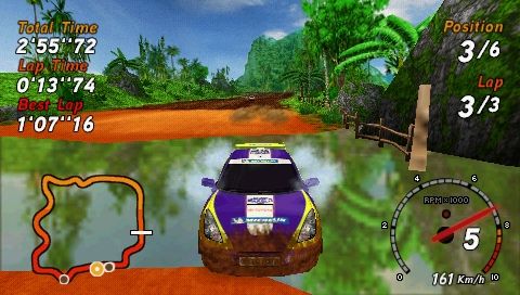 SEGA Rally Revo (PSP) screenshot: Rally: water reflection (external rear view)