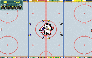 Wayne Gretzky Hockey 3 (DOS) screenshot: Start of the match (top-down view)