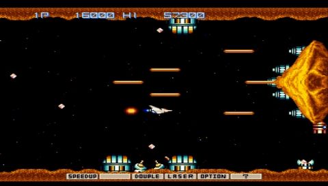 Gradius Collection (PSP) screenshot: Playing Gradius on PSP (screen fully stretched to PSP display size)